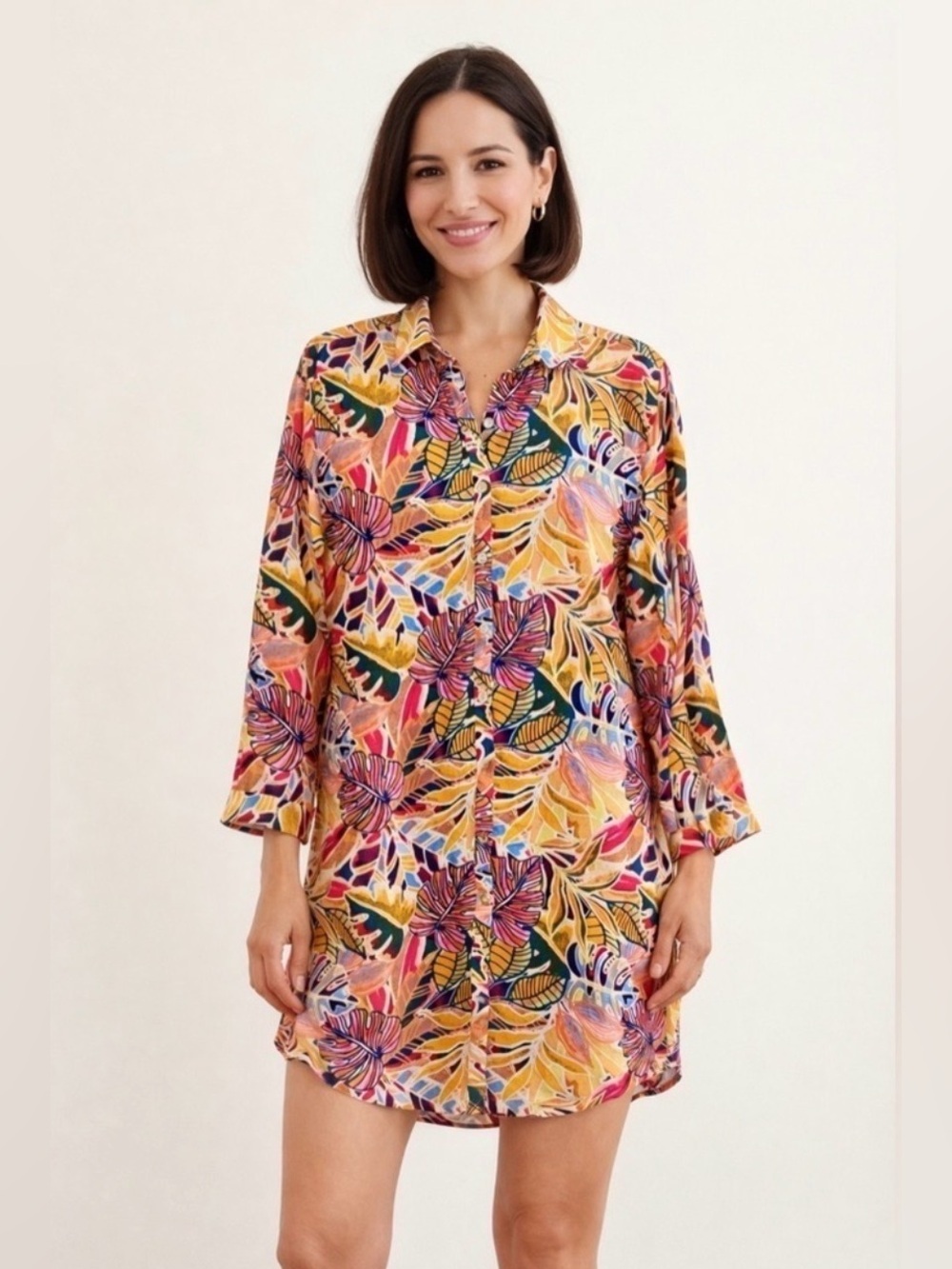 C & C CALIFORNIA Tropical Leaf Patterned Overshirt, Dress, Swimsuit Cover Up S